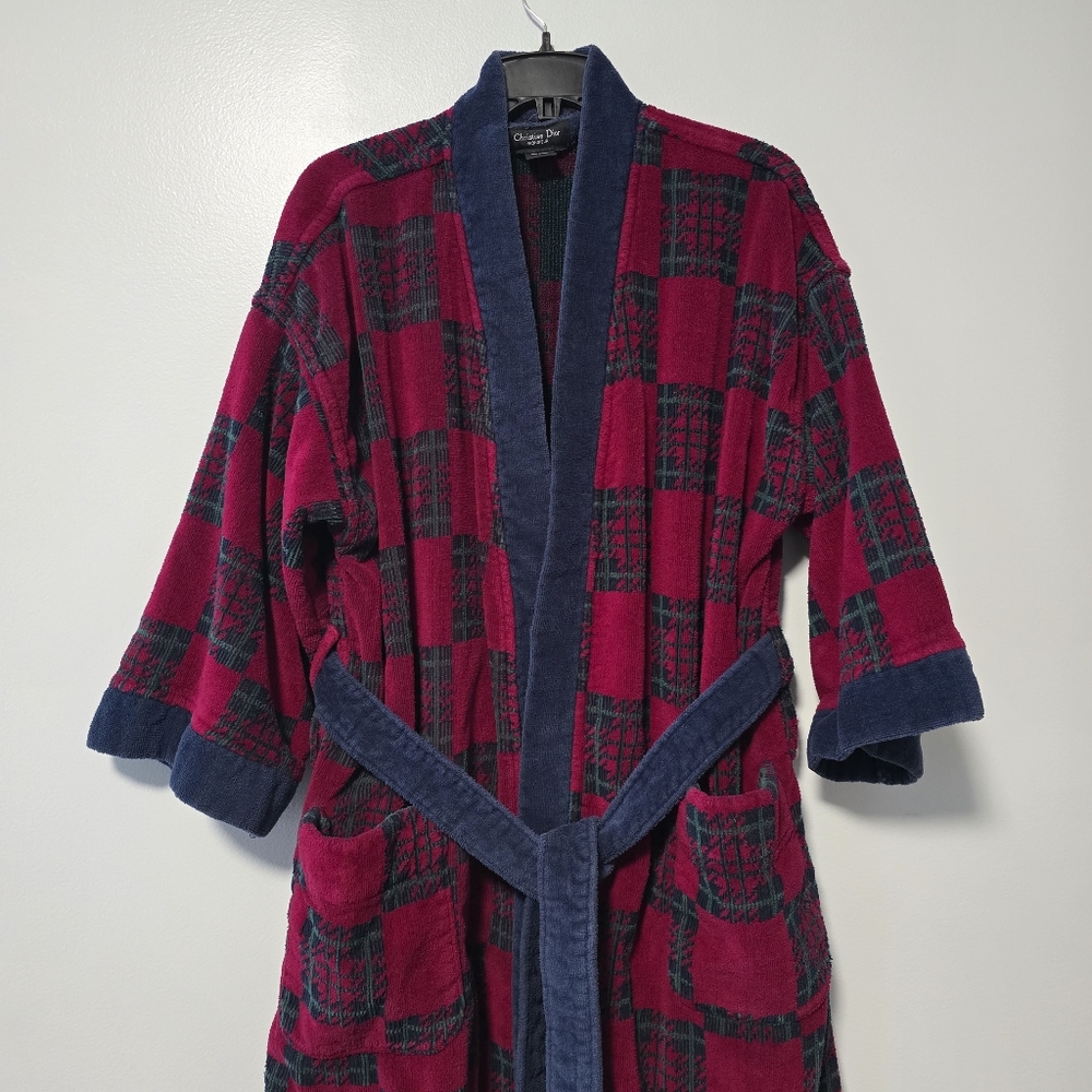 Vintage Christian Dior Men's Red Blue Green Checkered Robe - Picture 3 of 10